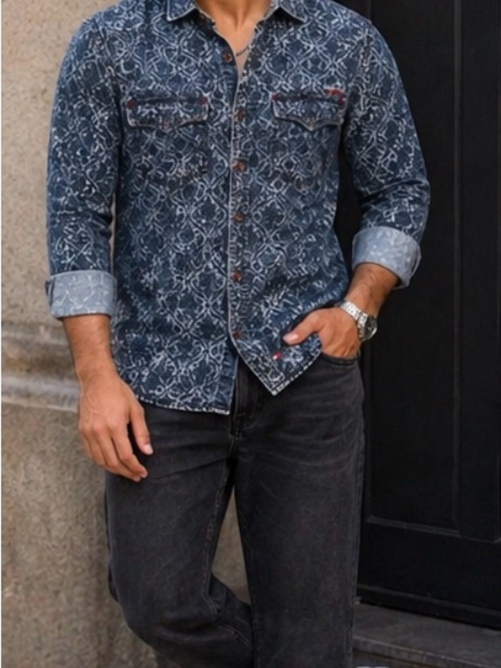 Mufti Jeans Printed Denim Shirt Mens M Blue Ornate Pattern Button Up Statement